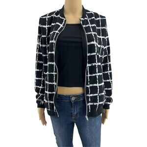 Beulah (M) Black White Plaid Zip Up Lightweight Bomber Jacket
